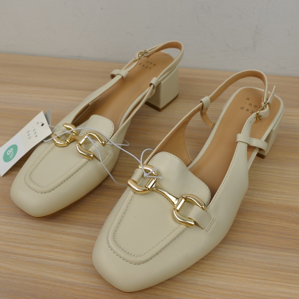 Slingback Loafer Pumps Women 8.5 Cream Old Money Neutral Gold Bit Heel A NEW DAY